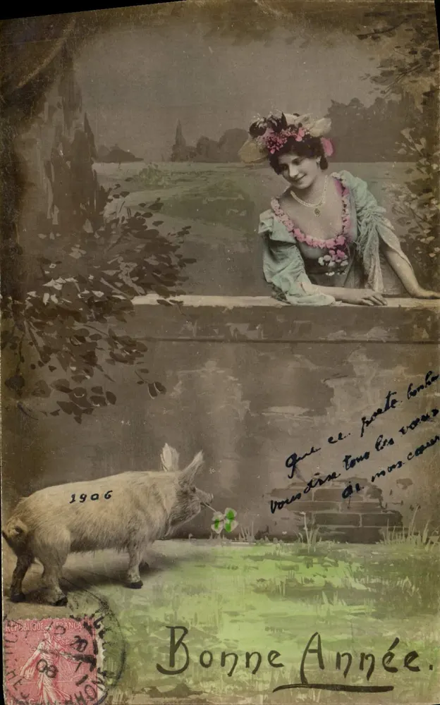 Frau und Schwein — Jahr 1906 — Oranotypie, Str. 4, 1906 - Vorderseite