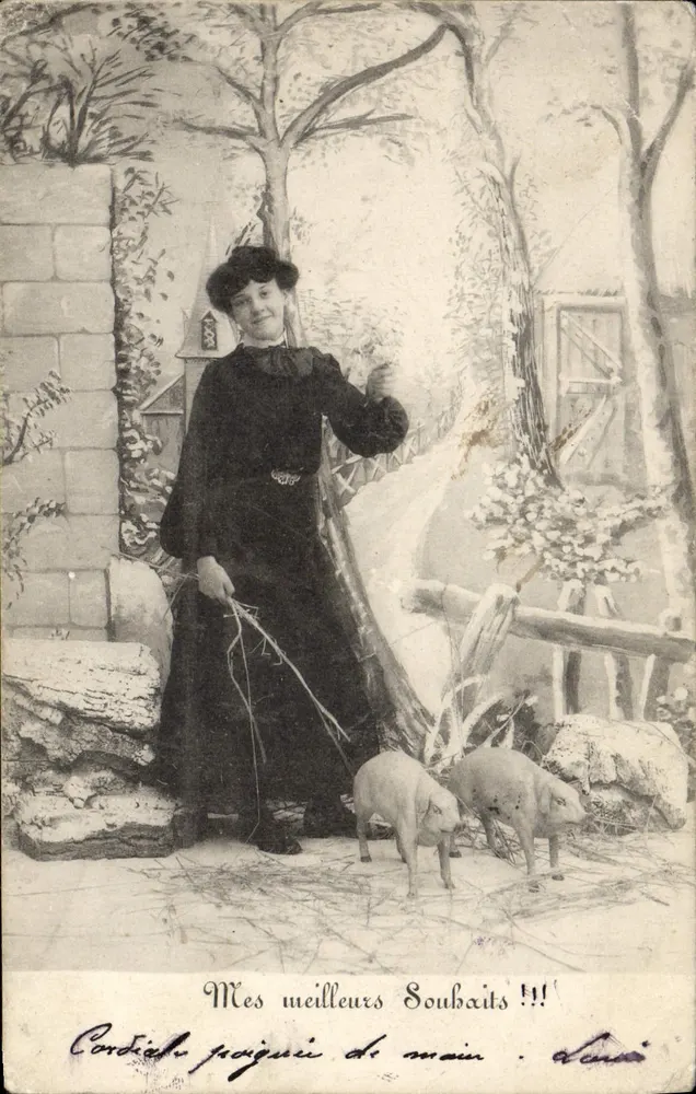 Femme avec deux porcelets — scène de campagne — éditeur non identifié - Recto