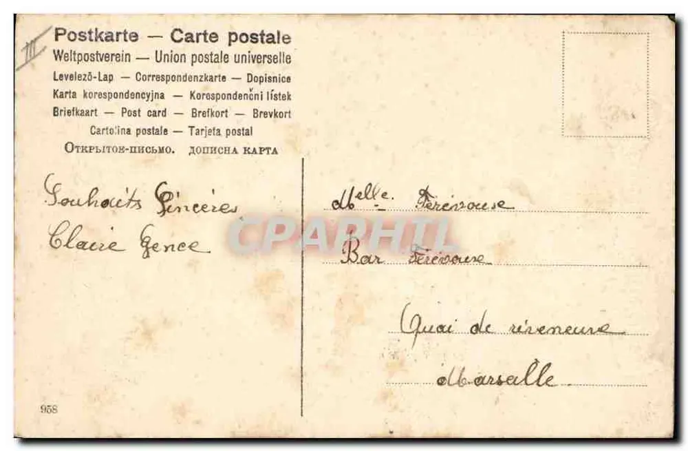 Menina brincando com porcos — Desejos Sinceros — editor desconhecido, n° de série 958 - Verso
