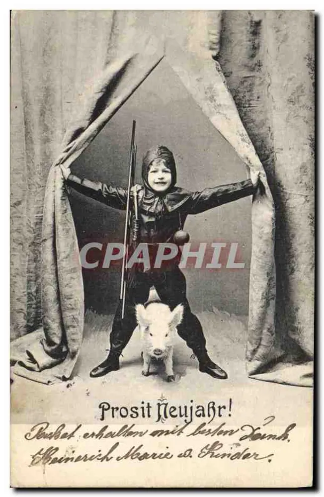 Bambino in costume da circo con piccolo maiale — Prost Neu Jahr ! — editore Heinerich Marie & Sander - Recto