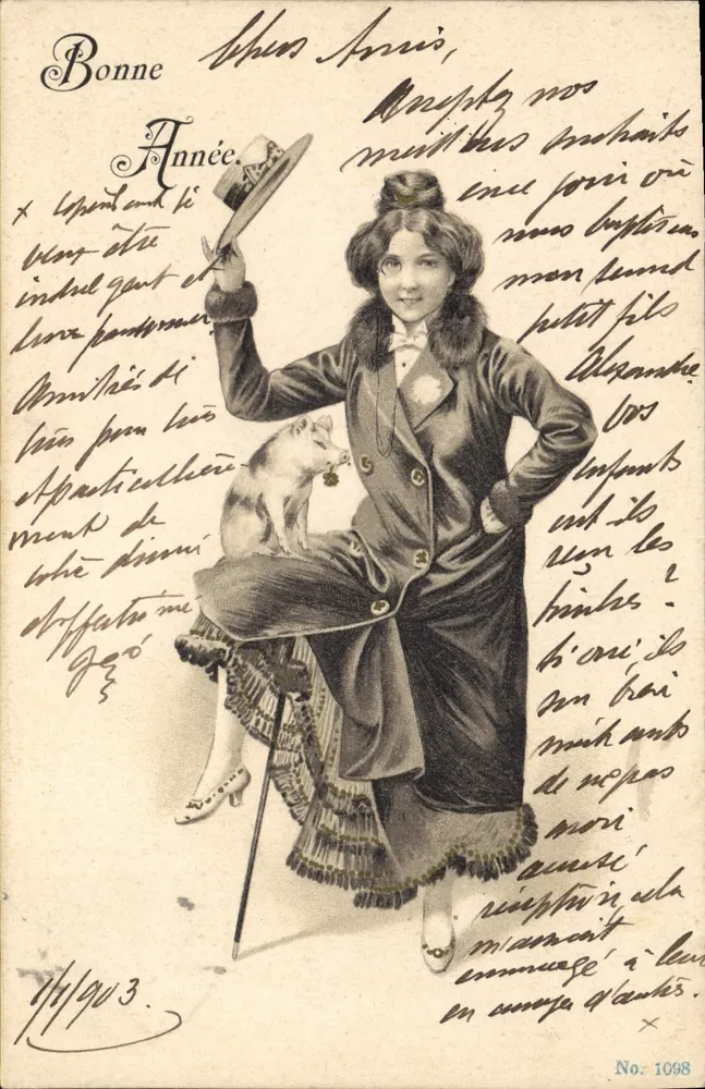 Elegante Frau mit Hund — Jahreskarte — anonymer Verlag, Nr. 1098 - Vorderseite