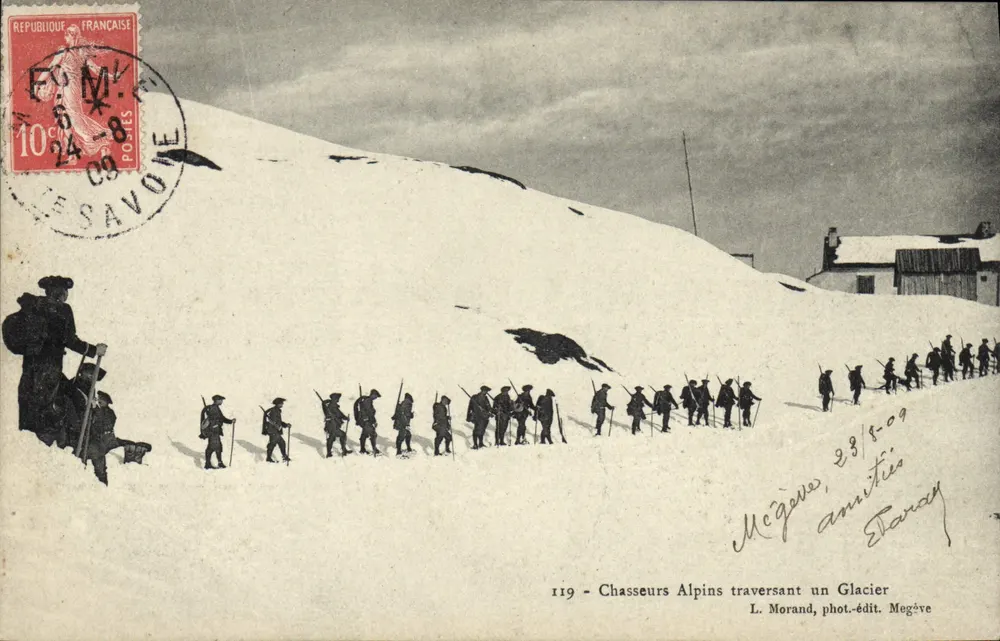 Alpine Jäger, die einen Gletscher überqueren — L. Morand, Foto-Verlag Megève - Vorderseite