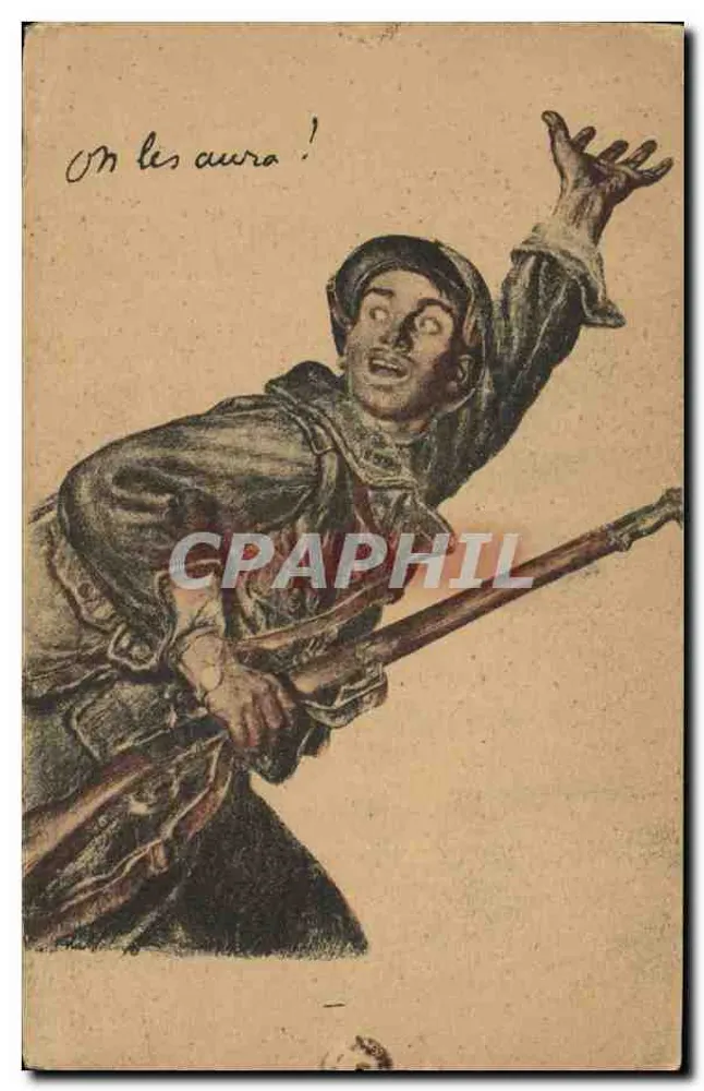 Soldat en action — illustration d'un soldat criant 'On les aura !' — éditeur DEVAMBEZ, Paris, Visa N° 30 - Frente