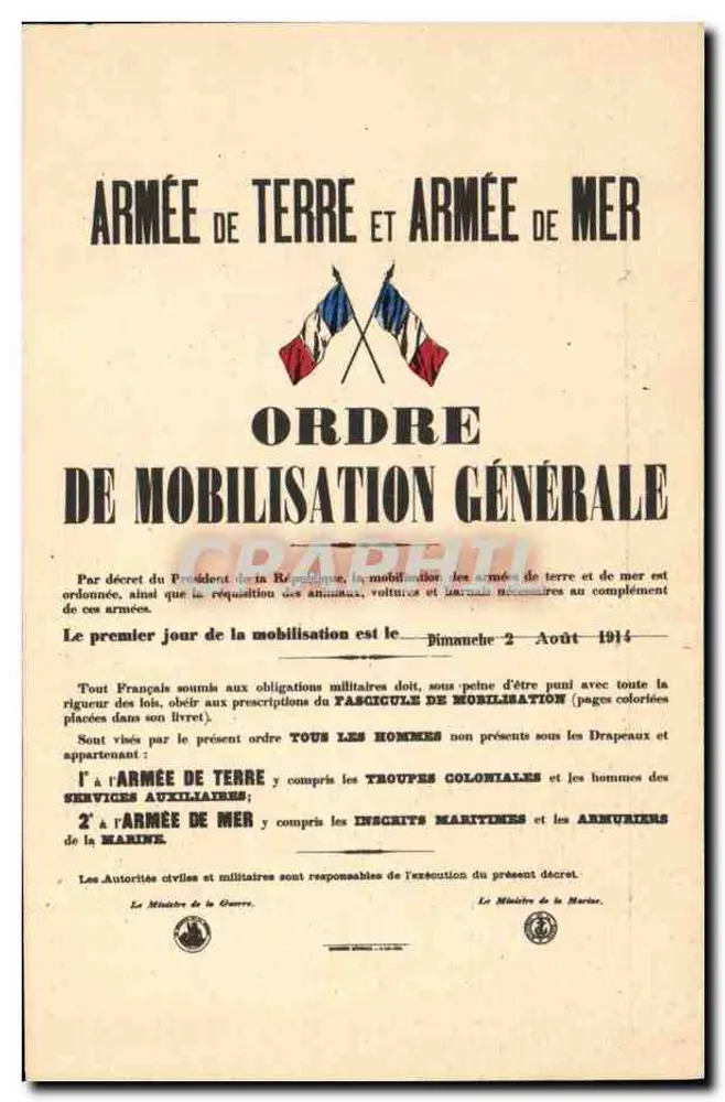 Exército de Terra e Exército de Mar — Ordem de Mobilização Geral — A. Ternois, editor, Paris - Frente