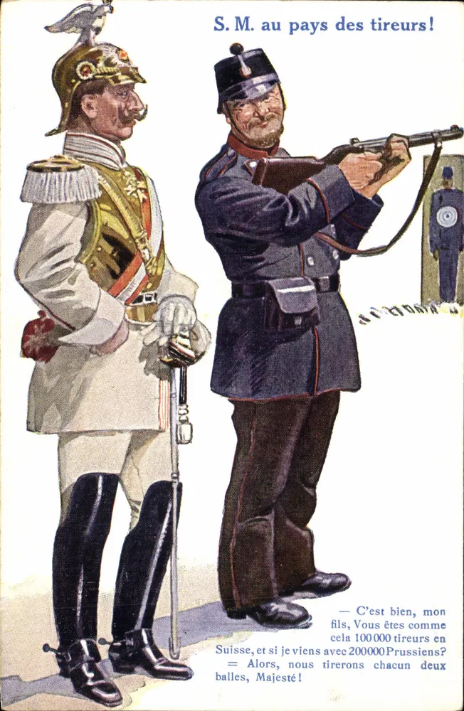 S.M. im Land der Schützen! — militärische Karikatur — Verlag nicht sichtbar - Vorderseite