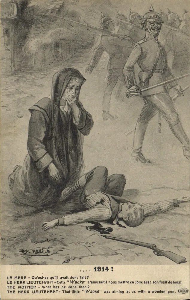 Cena de guerra — Soldado alemão e mãe chorando seu filho morto — desenho de Jack Abeille — 1914 - Frente