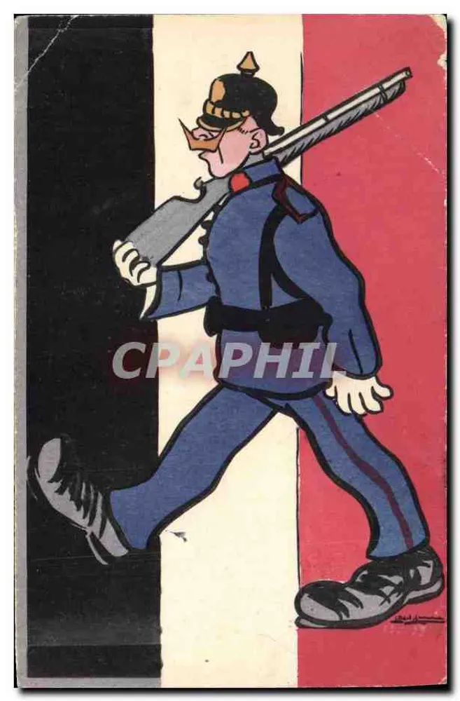 Soldat allemand caricaturé — marchant devant les couleurs tricolores françaises — éditeur imprimeur non visible - Frente