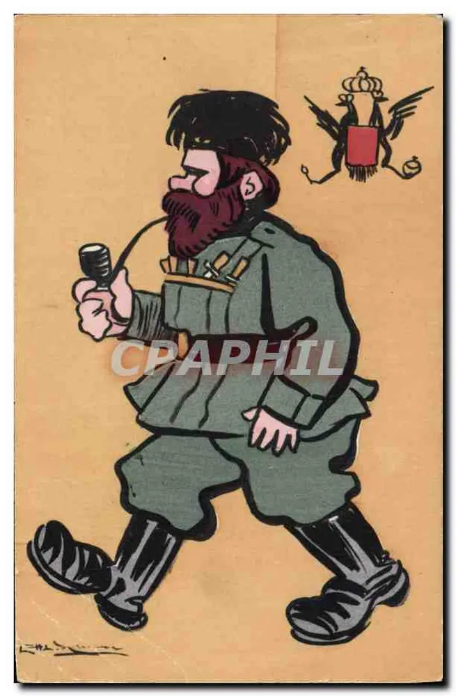 Soldat russe caricaturé — avec blason impérial — éditeur L. MAZEL - Frente