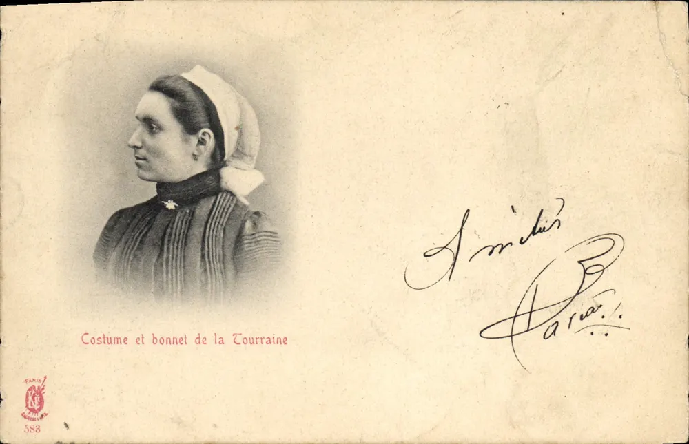 Costume et bonnet de la Tourraine — femme en costume traditionnel avec bonnet blanc — éditeur Paris, n° 583 - Vorderseite