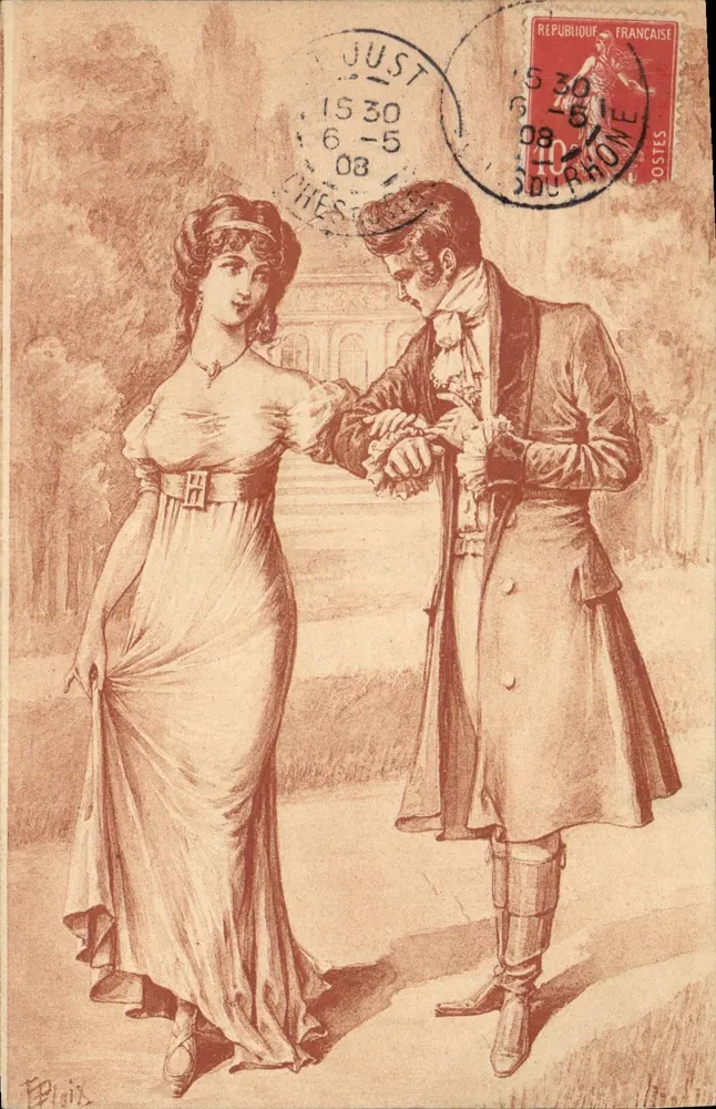 Junges Paar in historischem Kleid — Begegnungsszene — Verlag E. Plaisir, Seriennummer nicht sichtbar - Vorderseite