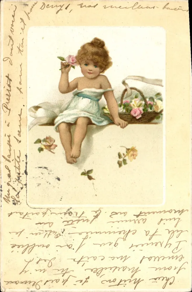 Kleine Mädchen mit Rose — Karteikarte — Verlag nicht sichtbar - Vorderseite
