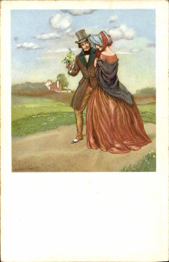 Jeune couple en promenade — scène de romance — éditeur M. M. Nr. 1366 - Vorderseite
