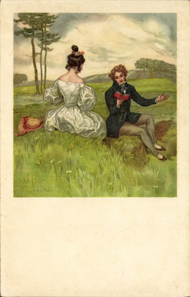 Junges Paar in zeitgenössischer Kleidung — Landschaftsszene — Nr. 1366 - Vorderseite