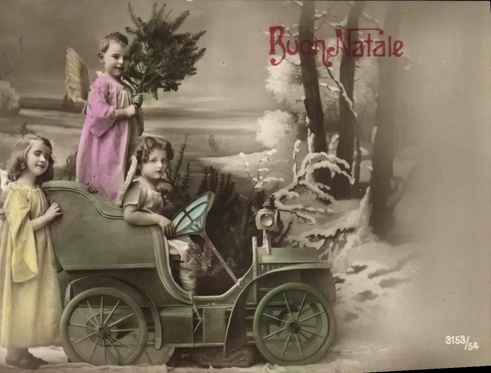Dzieci aniołowe w samochodzie — scenka świąteczna — wydawca nieznany, seria 3153/54 - Awers