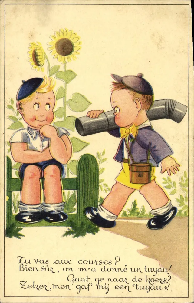 Deux garçons jouant avec un tuyau — illustration imprimée sur la carte - Vorderseite