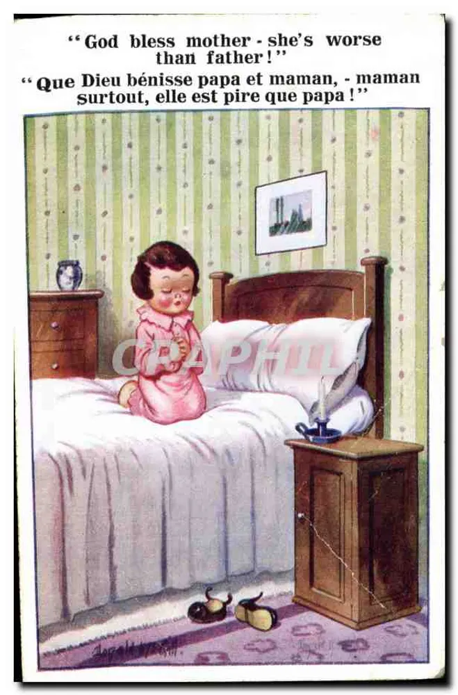 Kind auf dem Bett — humoristische Karte — Inter-Art Co. 'COMIQUE' Serie 7189 - Vorderseite