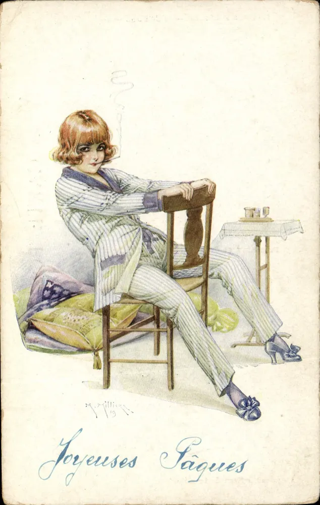Junge Frau im Pyjama — Frohe Ostern — signierte Gravur S. Willing - Vorderseite