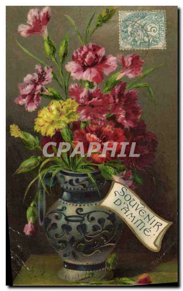 Arranjo de margaridas e flores — Lembrança de amizade — N.E. Rotteurs, Paris, série 497 - Frente
