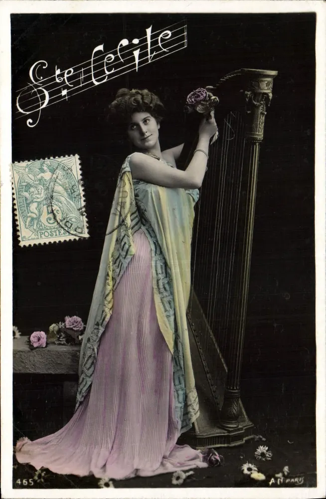 Mulher vestindo um vestido rosa tocando harpa — Ste Cécile — A.N. PARY, n° 465 - Frente