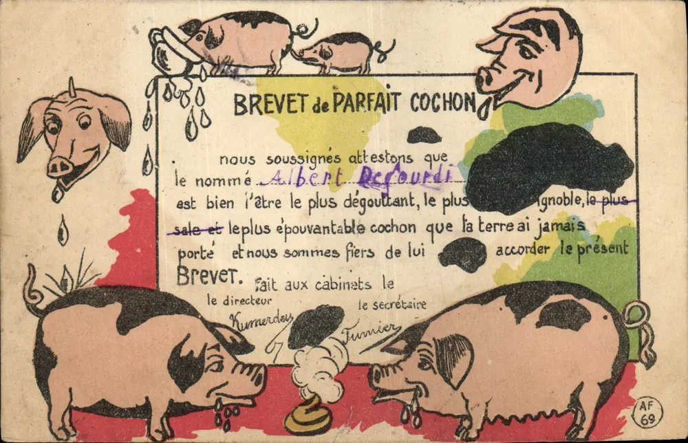 Zertifikat des perfekten Schweins — Albert Redourdi — Verlag AF 69 - Vorderseite
