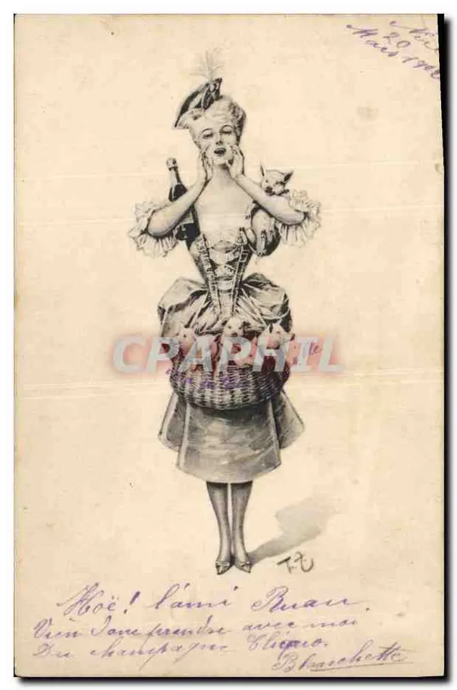 Frau im Hofkleid — mit Hund und Korb — Verlag T.P. (Nr. 205) - Vorderseite