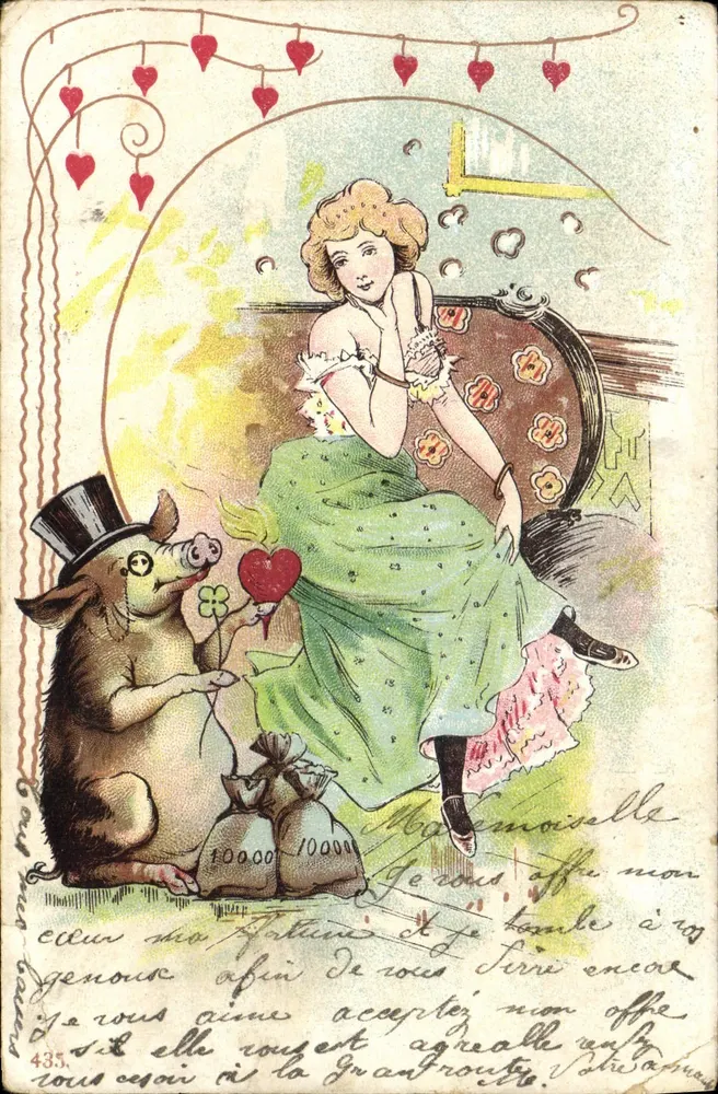 Pigé en costume de dandy offrant un cœur à une jeune femme — éditeur 'Le Pouget' n°435 - Vorderseite