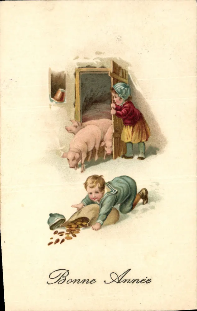 Kinder und Schweine — Weihnachtskarte — Andry Nr. 1204 - Vorderseite
