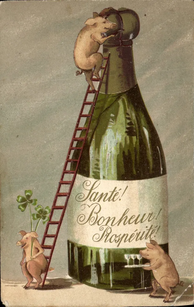 Pigés sur une bouteille de champagne — scène festive avec trois cochons — éditeur Raphaël Tuck & Fils, Paris, série III - Frente