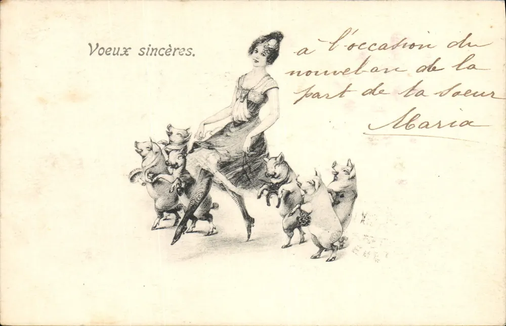 Frau mit Schweinen — Aufrichtige Wünsche — Clément, Tournier & Co., Genf, Serie 702 - Vorderseite