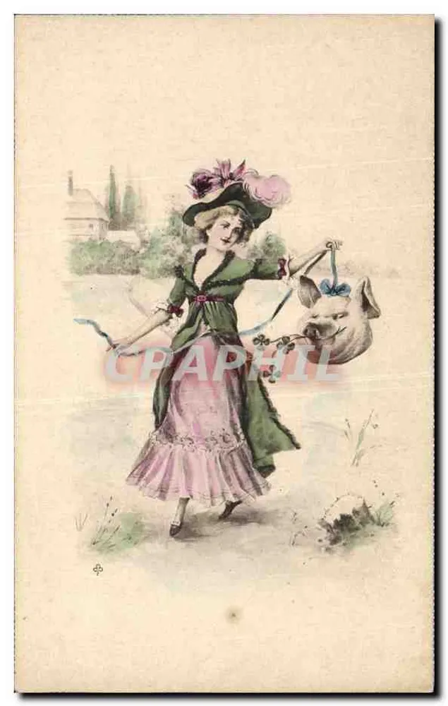 Frau in einem rosa und grünen Kleid, das einen Schwein hält — Verlag R. R. Vienna - Vorderseite