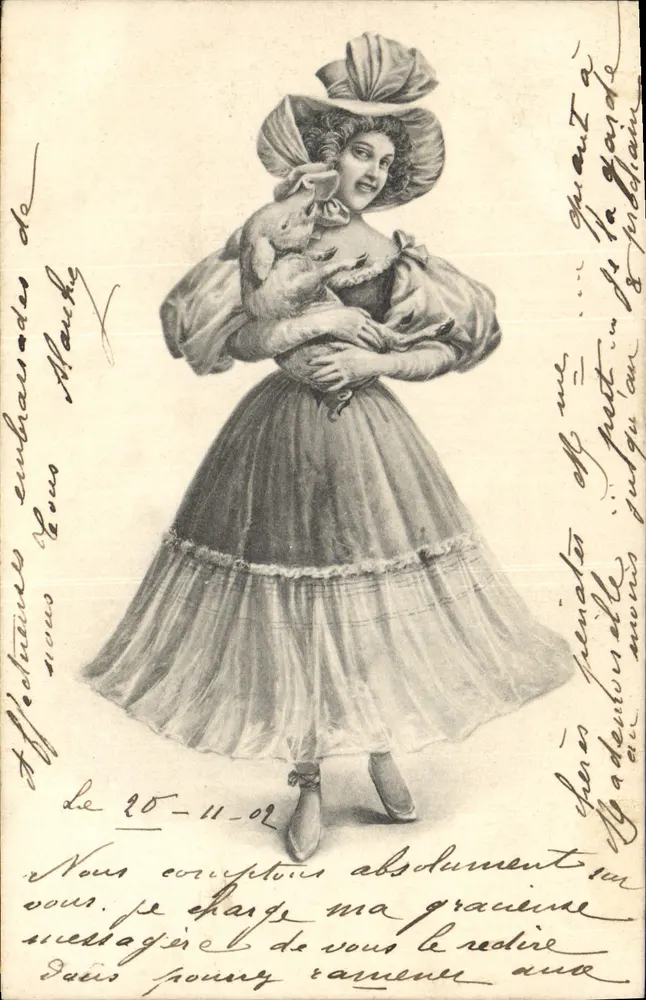 Frau in einem Rüschenkleid mit einem kleinen Tier — Verleger Leopold V. K. Schmid, Serie 115 - Vorderseite