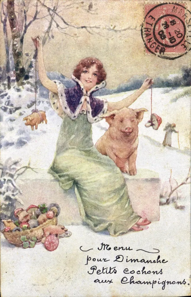 Frau und Schwein in der Schnee — Sonntagsmenü — Verlag B.K.W.I. n°2532-2 - Vorderseite
