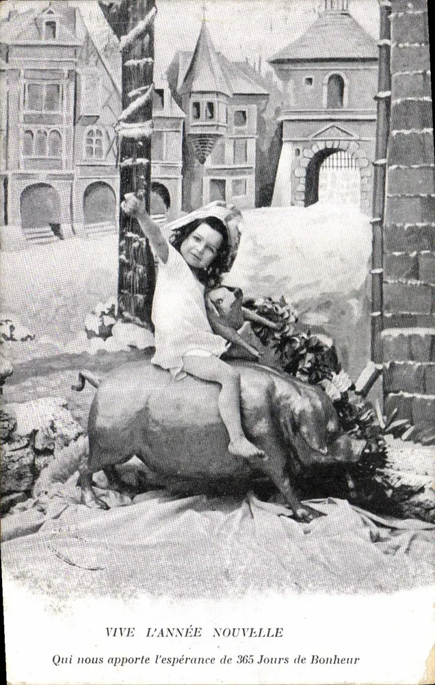 Enfant sur un cochon — Année Nouvelle — Éditeur non visible - Vorderseite