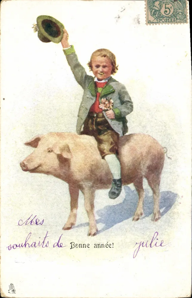 Kind auf einem Schwein — Frohe Weihnachten — Verlag nicht sichtbar - Vorderseite