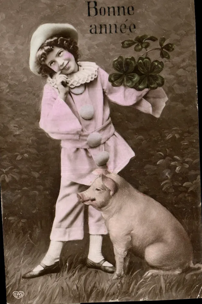 Fille en costume de clown avec cochon — Bonne année — éditeur RAS - Frente