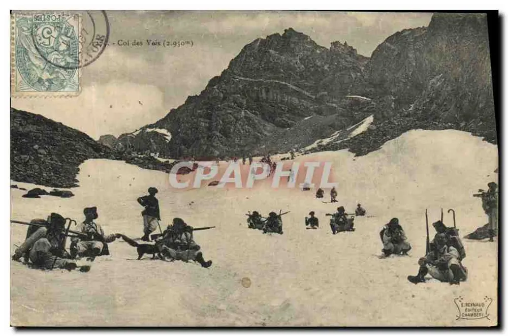 Col des Voïs (2.950m) — Soldaten, die in einer alpinen Landschaft ruhen — E. Renaud, Verlag, Chambéry - Vorderseite