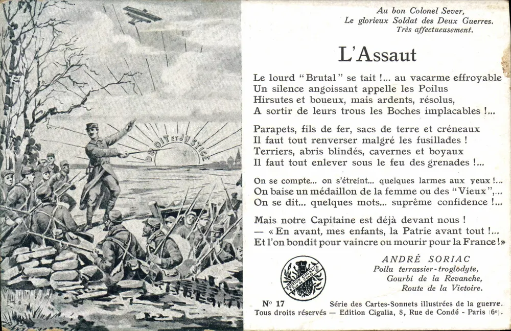 O Assalto — Poema de André Soriac — Edição Cigalia, série das Cartas-Soneto ilustradas da guerra, n°17 - Frente