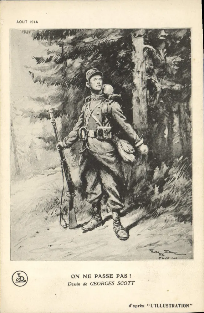 Soldat in der Wald — August 1914 — Zeichnung von Georges Scott nach 'L'Illustration' - Vorderseite