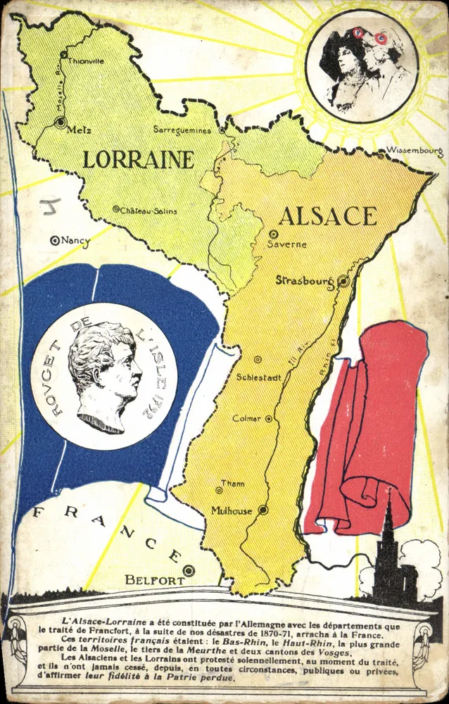 Alsace-Lorraine — carte historique avec carte géographique et texte sur la réunification — Édition J. Cussac, Paris - Frente