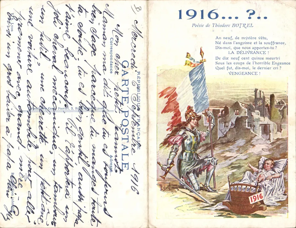 Soldat et Mère — scène de guerre avec drapeau français — Éditeur : République Française, n° 1916 - Frente