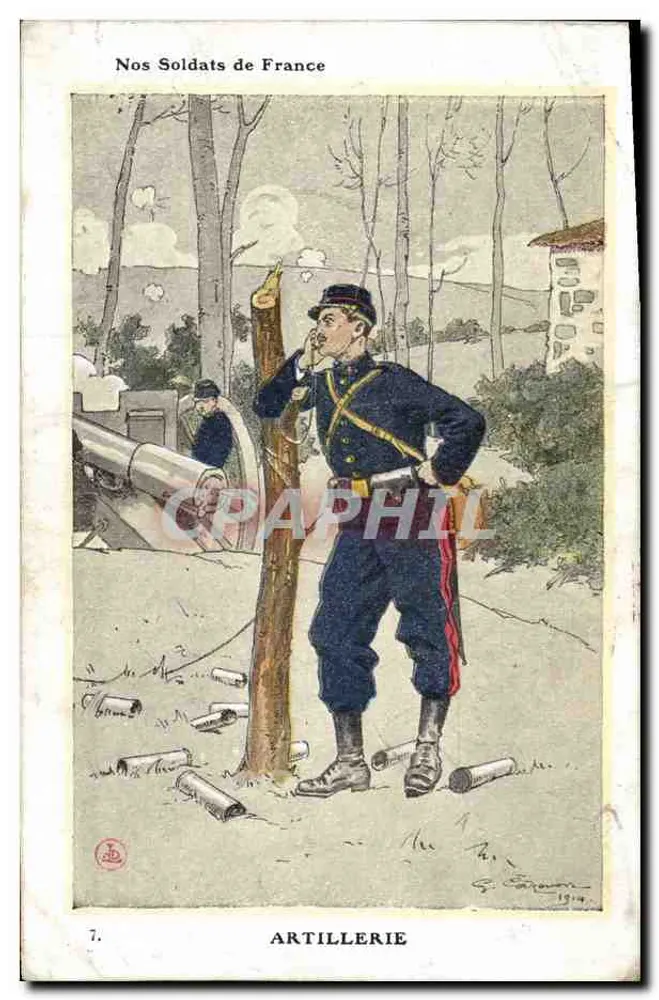 Artillerie — Soldat français en tenue d'artillerie près d'un canon — G. Sarrazin, n°7 - Frente