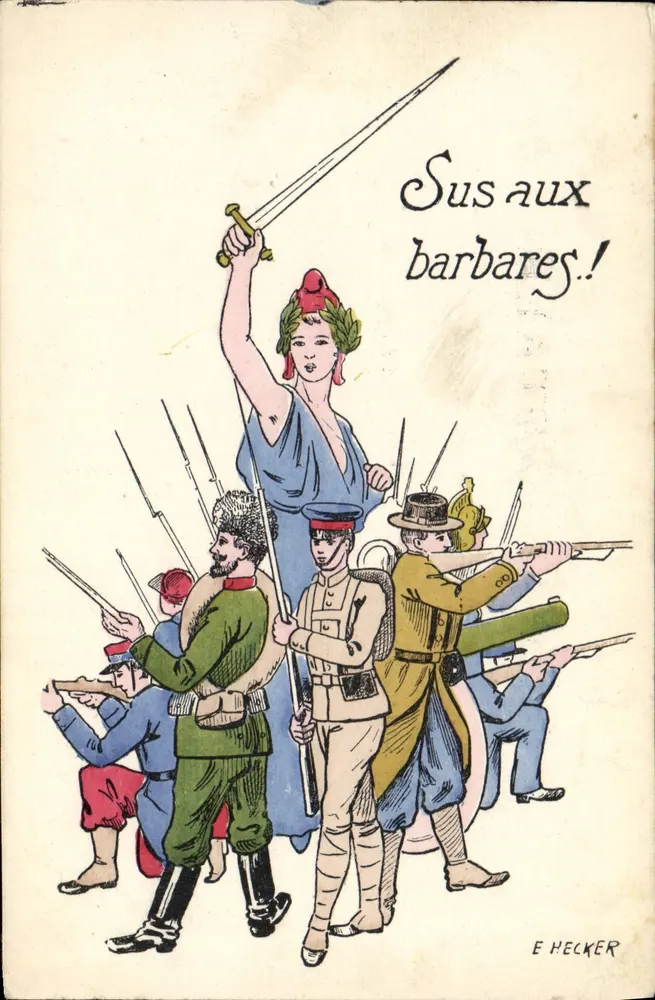 Soldaten und bewaffnete Frau — Sus aux barbares ! — E. Hecker - Vorderseite