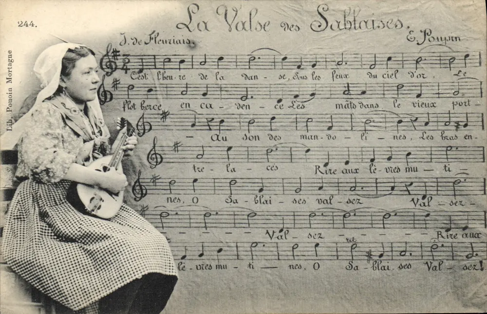 Mulher usando traje tradicional tocando mandolina — A Valsa das Sablaisaises — Lib. Poupin Mortagne - Frente