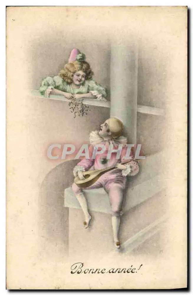 Mandolinen-Spieler und junge Frau am Balkon — Weihnachtskarte — Verlag nicht sichtbar - Vorderseite