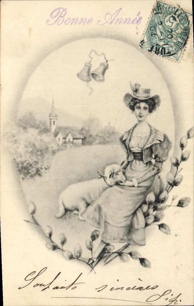 Frau mit Schaf — ländliche Szene — Verlag B.K.W.L. n°4083 - Vorderseite
