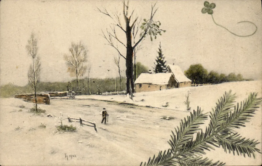 Winterlandschaft — schneedecktes Haus, Weg und Baum — F. 1903, Serie 340 - Vorderseite