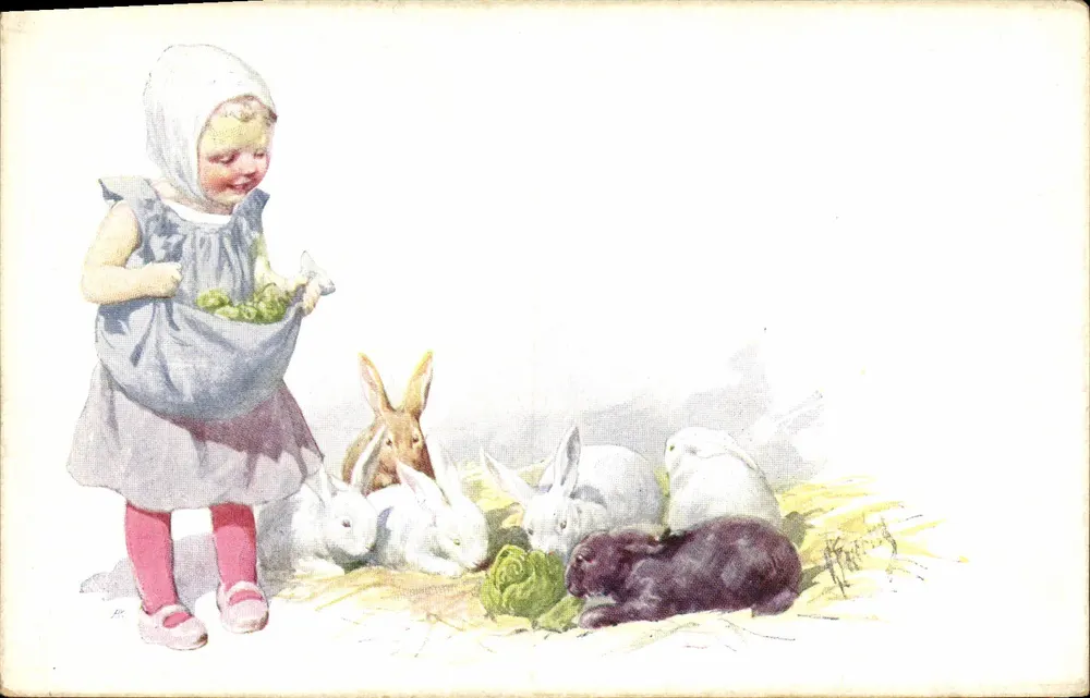 Kleine Mädchen mit Hasen — Garten-Szene — Verlag B.K.W.I. n° 258-3 - Vorderseite