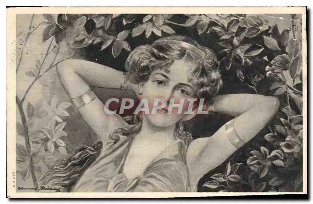 Junge Frau unter Blättern — Zeichnung von M. Bernard Binning — Nr. 1902 - Vorderseite