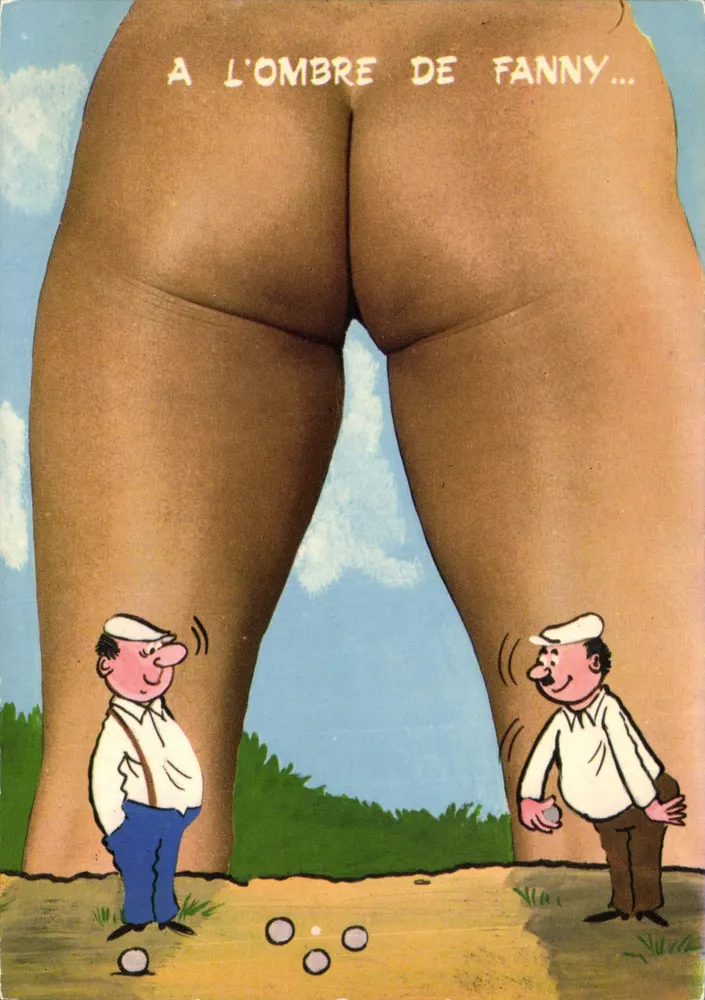 W cieniu Fanny... — karikatura dwóch mężczyzn grających w pétanque pod dużym fessierem — Éditions Lyoncolor, seria 420/15 - Awers