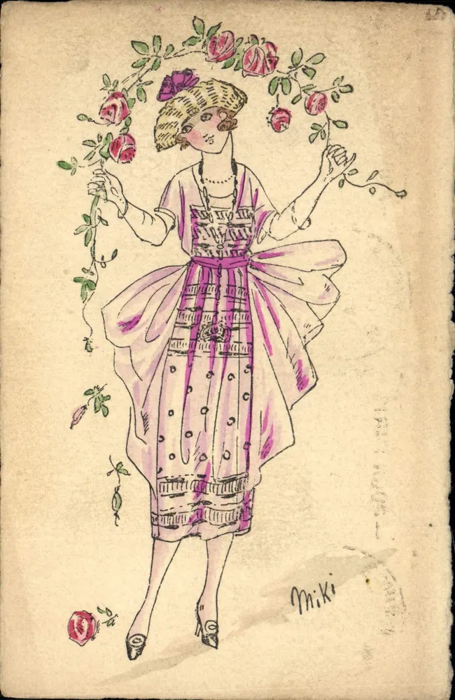 Frau in einem rosa Kleid und Rosenkrone — signiertes Zeichnung von Miki — Serie n°5 J 2. T. 78 - Vorderseite